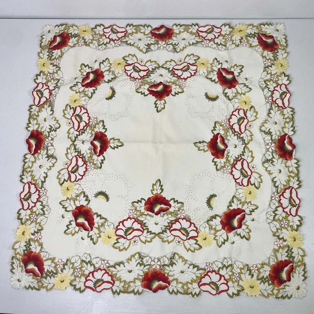 Vintage Embroidered Floral Table Cloth 31.5